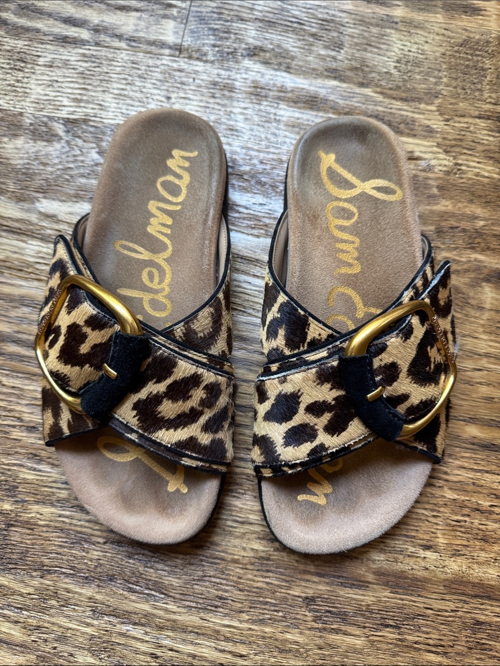 Sam Edelman Leopard Print Slide Sandals with Gold Buckles